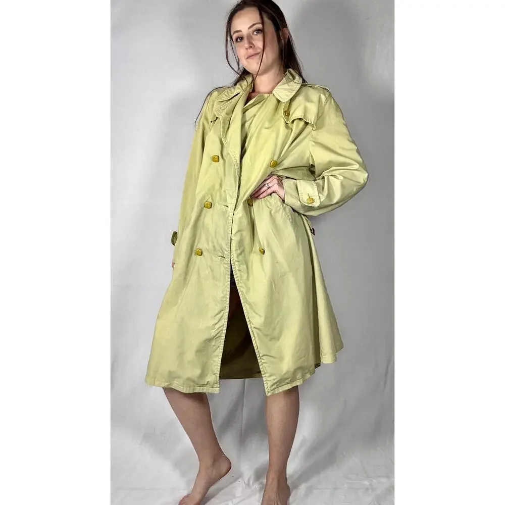 Vintage 1980s Hand Dyed Ombre Dip Dye Trench Coat Yellow Green Double Breasted